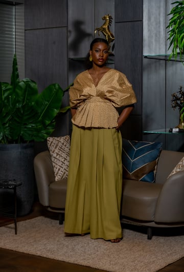 Ensemble Haut Plissé Ocre & Pantalon Olive vignette 1