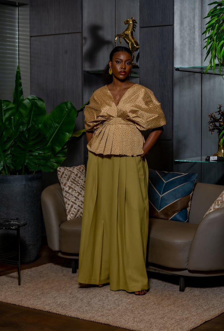 Ensemble Haut Plissé Ocre & Pantalon Olive