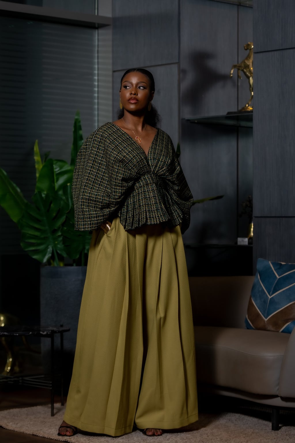 Ensemble Haut Plissé Ocre & Pantalon Olive